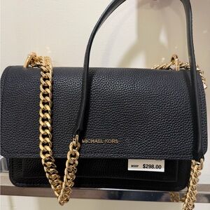 Michael Kors Black Pebbled Leather Shoulder Bag with Gold Chain